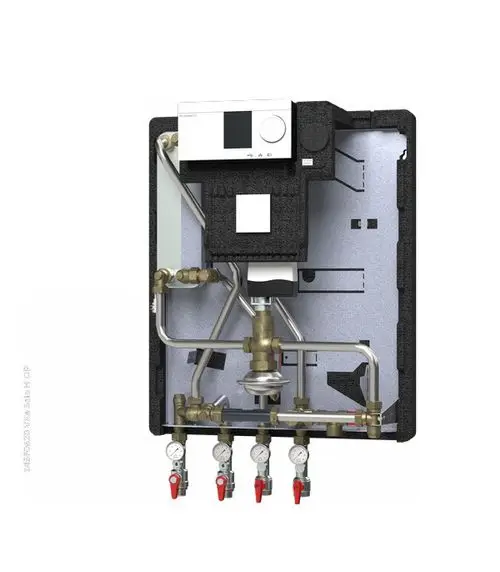 Hausstation von Danfoss mit mehreren Druckmanometern und Ventilen. Enthält Regelungseinheit und verschiedene Rohrleitungen, montiert in einer isolierten Wandbox.